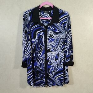 03102 Slim Factor black & blue swirl print 3/4 sleeve knit button blouse XL